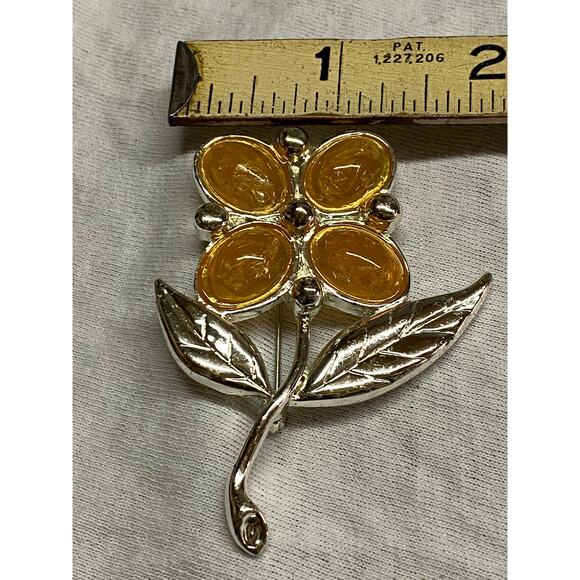 SFJ Floral Brooch With Amber And Silver Color 1970 - Picture 3 of 4